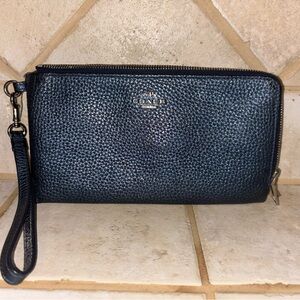 Pebbled Metallic Navy Dark Blue Leather Double Zip Wallet/Wristlet COACH